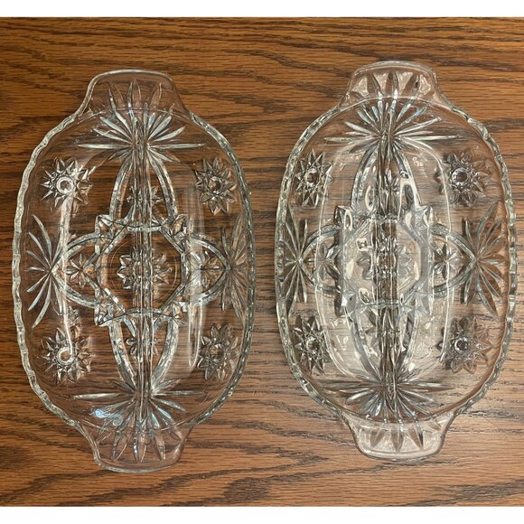 Set of 2 Identical Depression Cut Glass Divided Relish Trays Clear Oval Star - Picture 1 of 14
